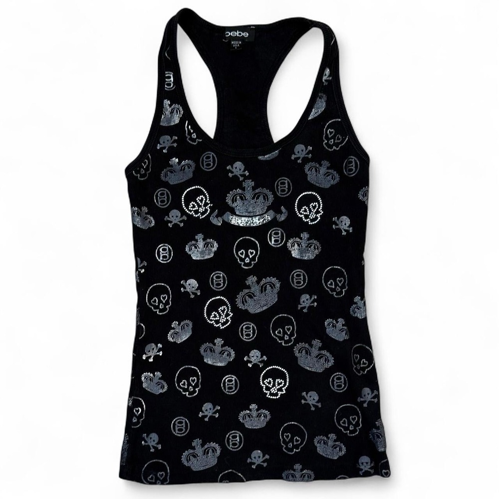 Vintage Bebe AOP Baby Tee Black TankTop Skulls Rhinestone Women's L Goth Y2K USA